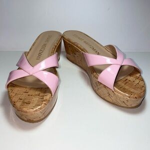 Stuart Weitzman NWOT Carmen Pink Platform Patent Leather Wedge Slide Sandals